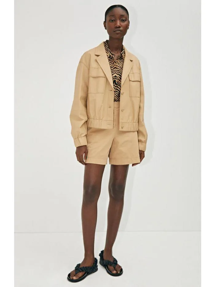 Women Beige Leather Bomber Jacket Online | QAWACH