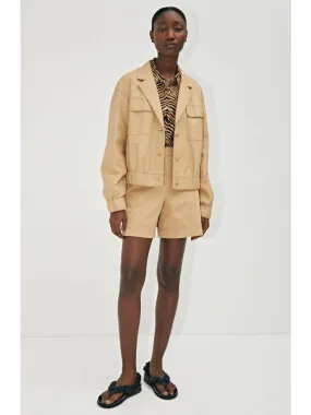 Women Beige Leather Bomber Jacket Online | QAWACH