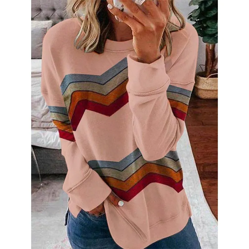 Women color block stripes long sleeve pullover crewneck sweatshirt