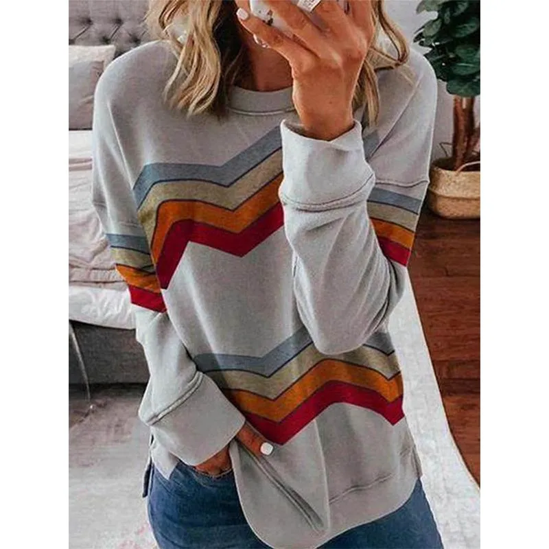 Women color block stripes long sleeve pullover crewneck sweatshirt