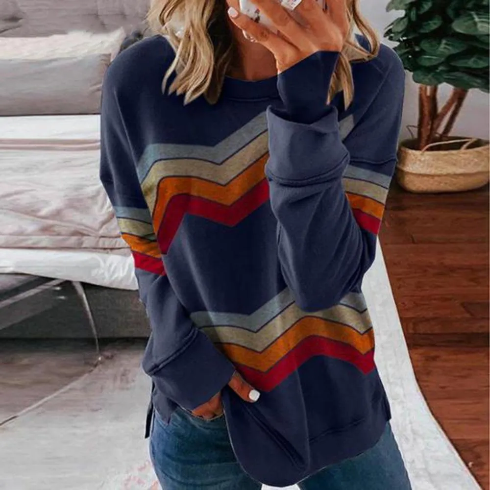 Women color block stripes long sleeve pullover crewneck sweatshirt