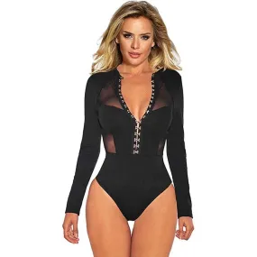 Women  Long Sleeve Bodysuit Woman Leotard Lace Bodysuit Button Up V-neck XXXL Jumpsuit Bodysuit