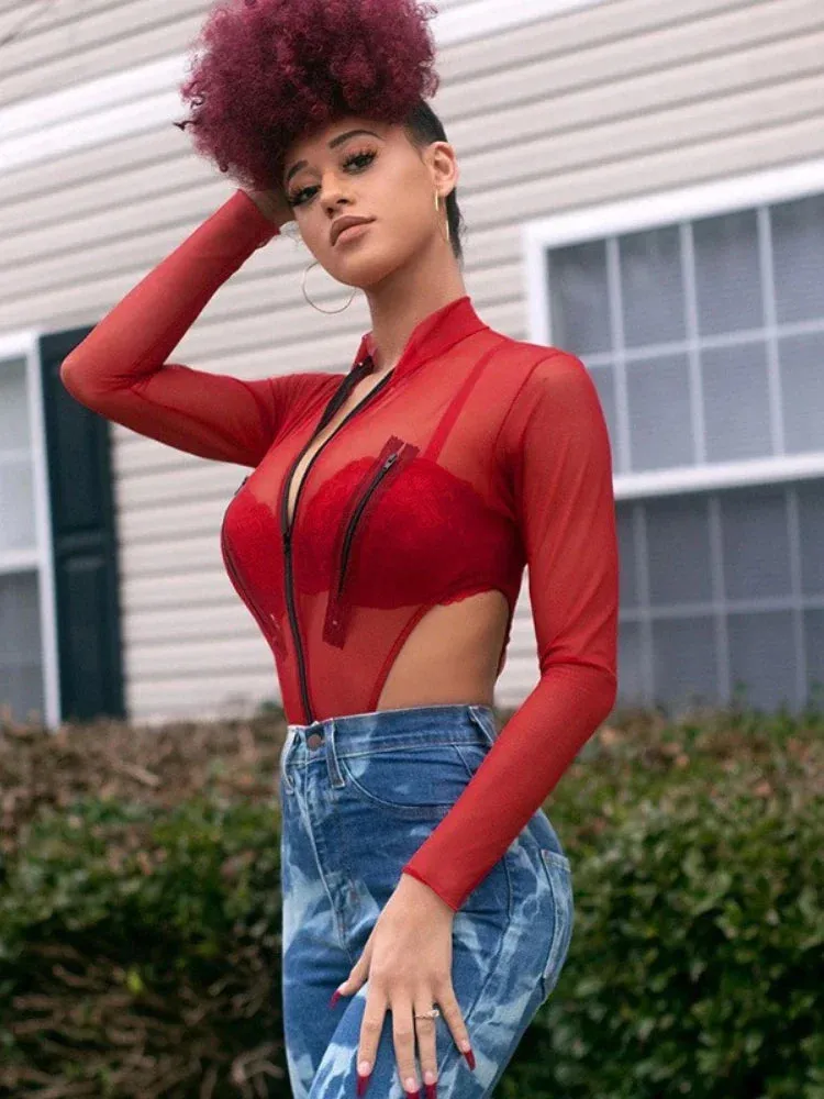 Women Red Mesh High Waist Bodysuit