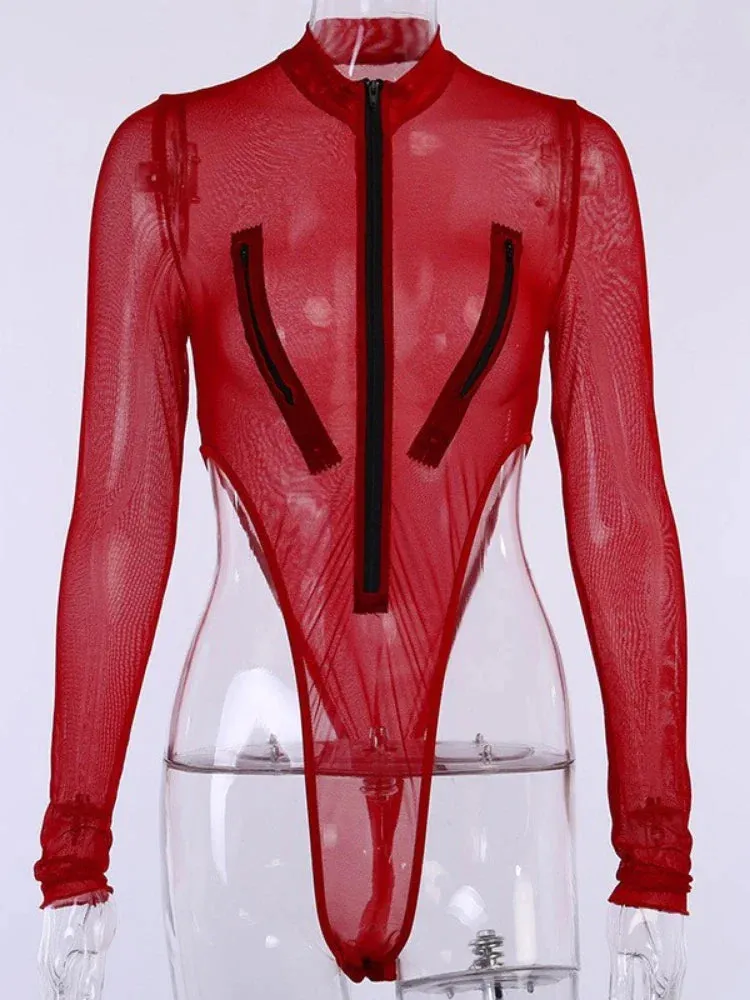 Women Red Mesh High Waist Bodysuit