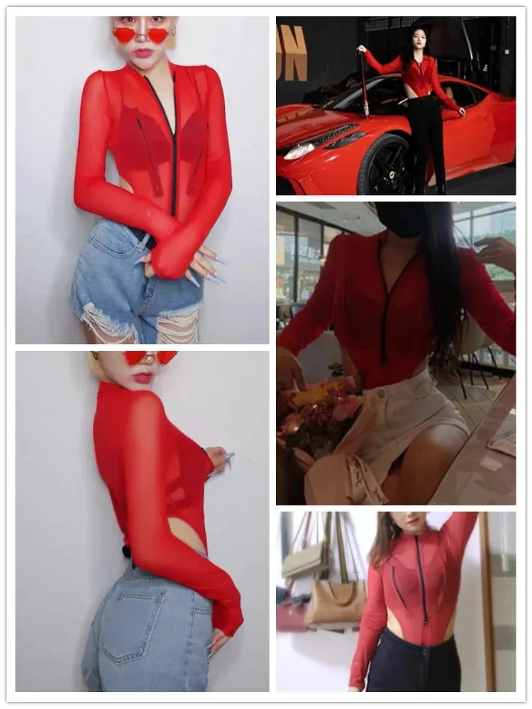 Women Red Mesh High Waist Bodysuit