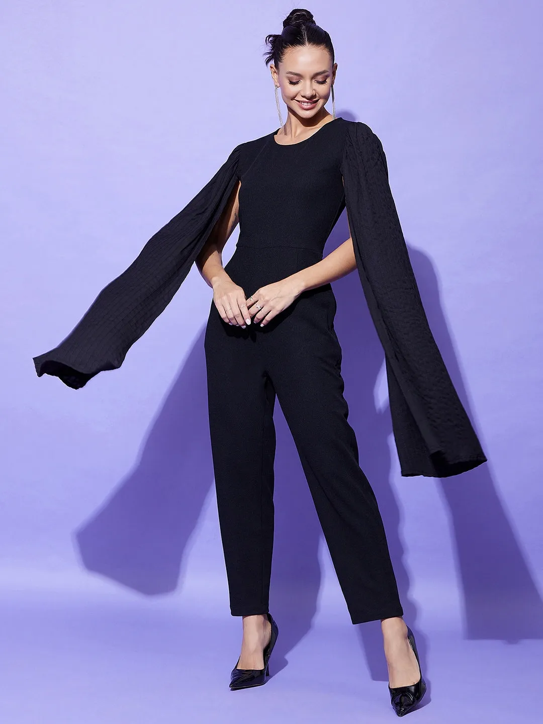 Women's Black Fitted Jumpsuit With Long Cape Sleeves - StyleStone