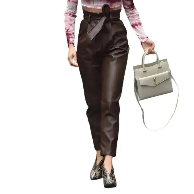 Women’s Brown Lambskin Leather Joggers with Lace-Up – Stylish & Comfy