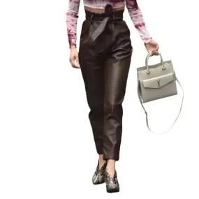 Women’s Brown Lambskin Leather Joggers with Lace-Up – Stylish & Comfy