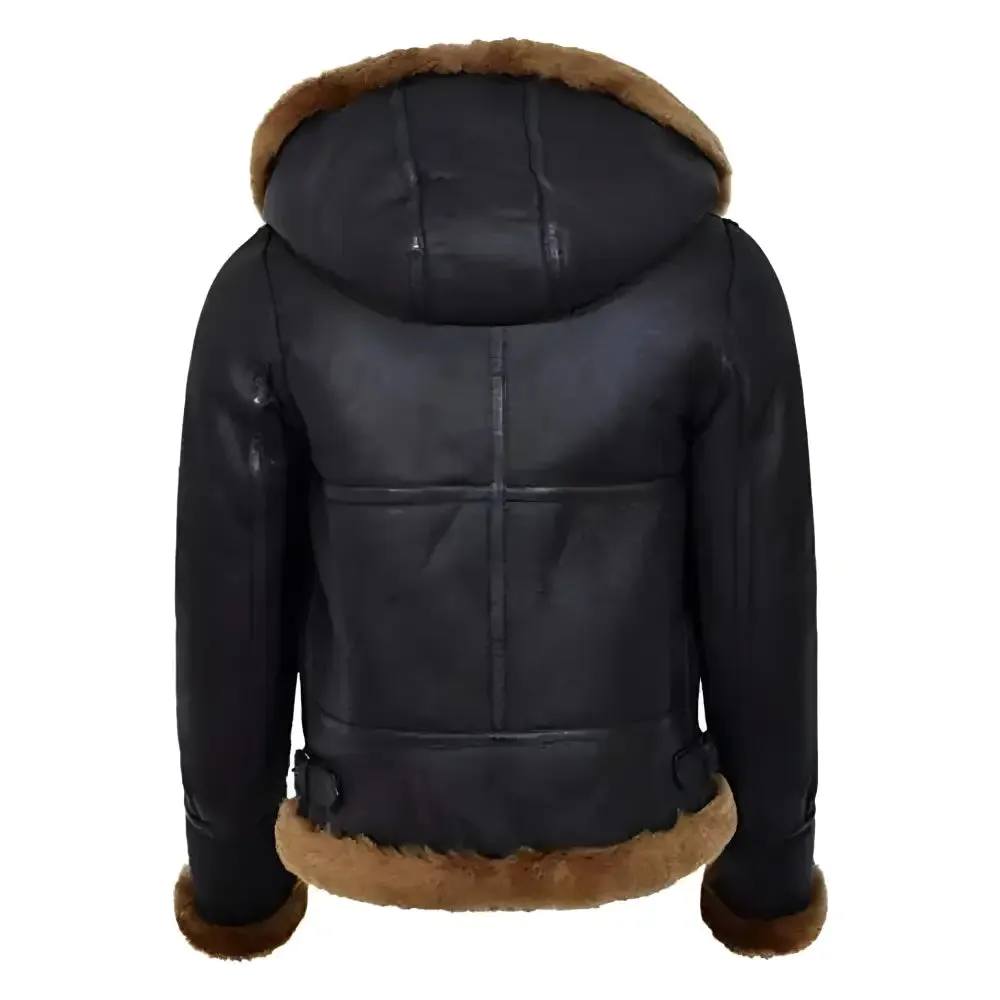 Women's Hooded Black Sherpa Leather Aviator Jacket