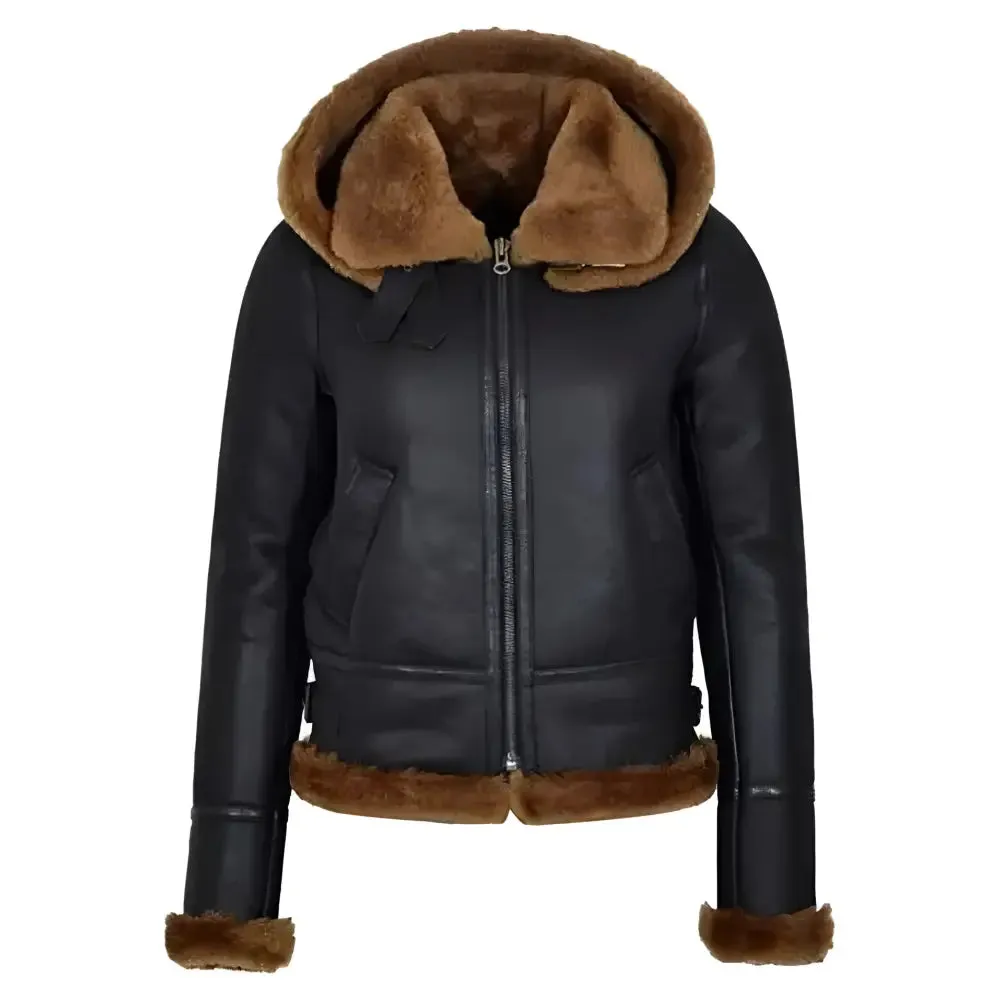 Women's Hooded Black Sherpa Leather Aviator Jacket