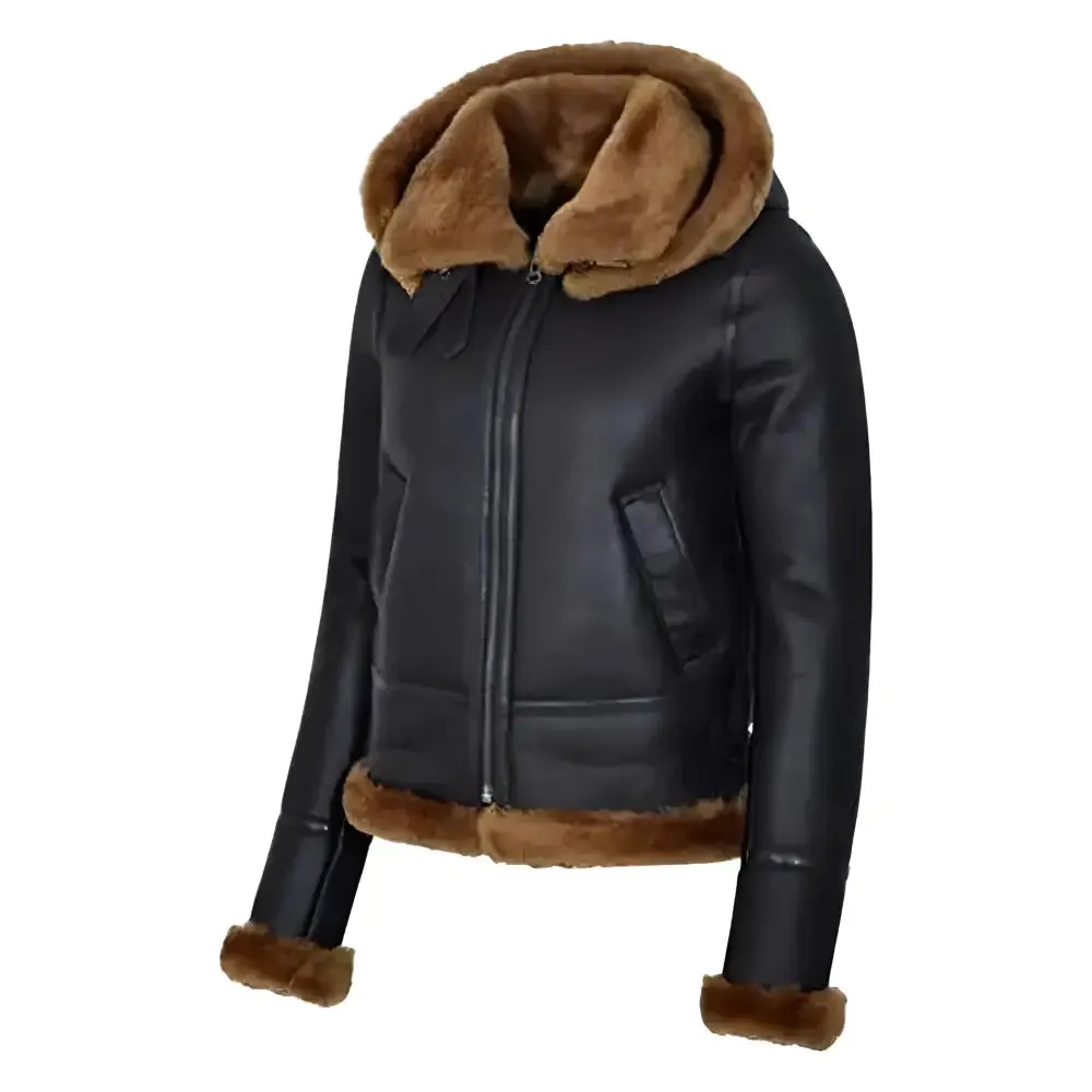 Women's Hooded Black Sherpa Leather Aviator Jacket