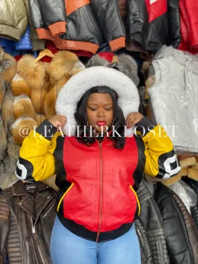 Women's Leather 8 Ball Jacket With Fox Hood