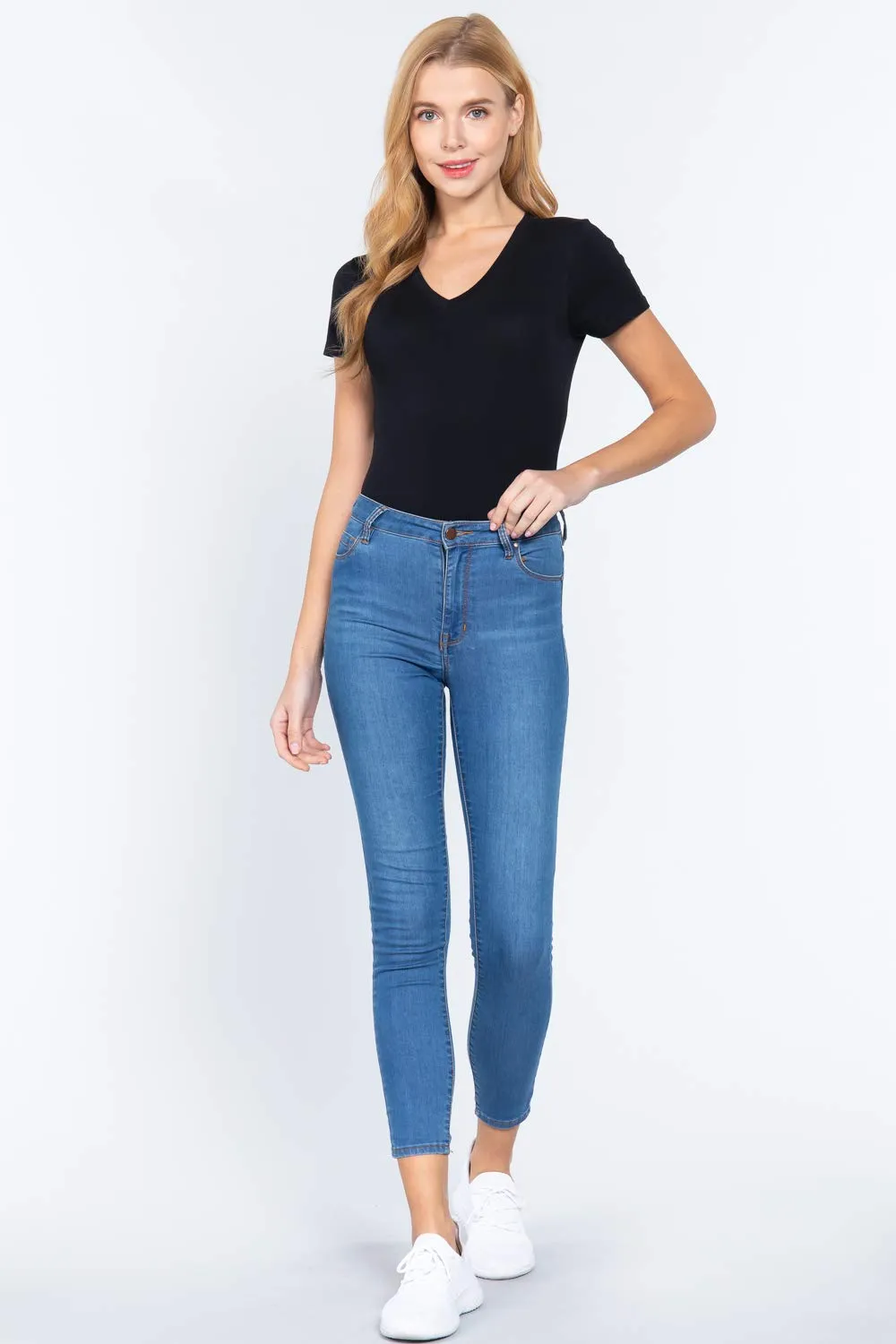 Women's Snap Crotch Short Sleeve V-Neck Cotton Jersey Bodysuit