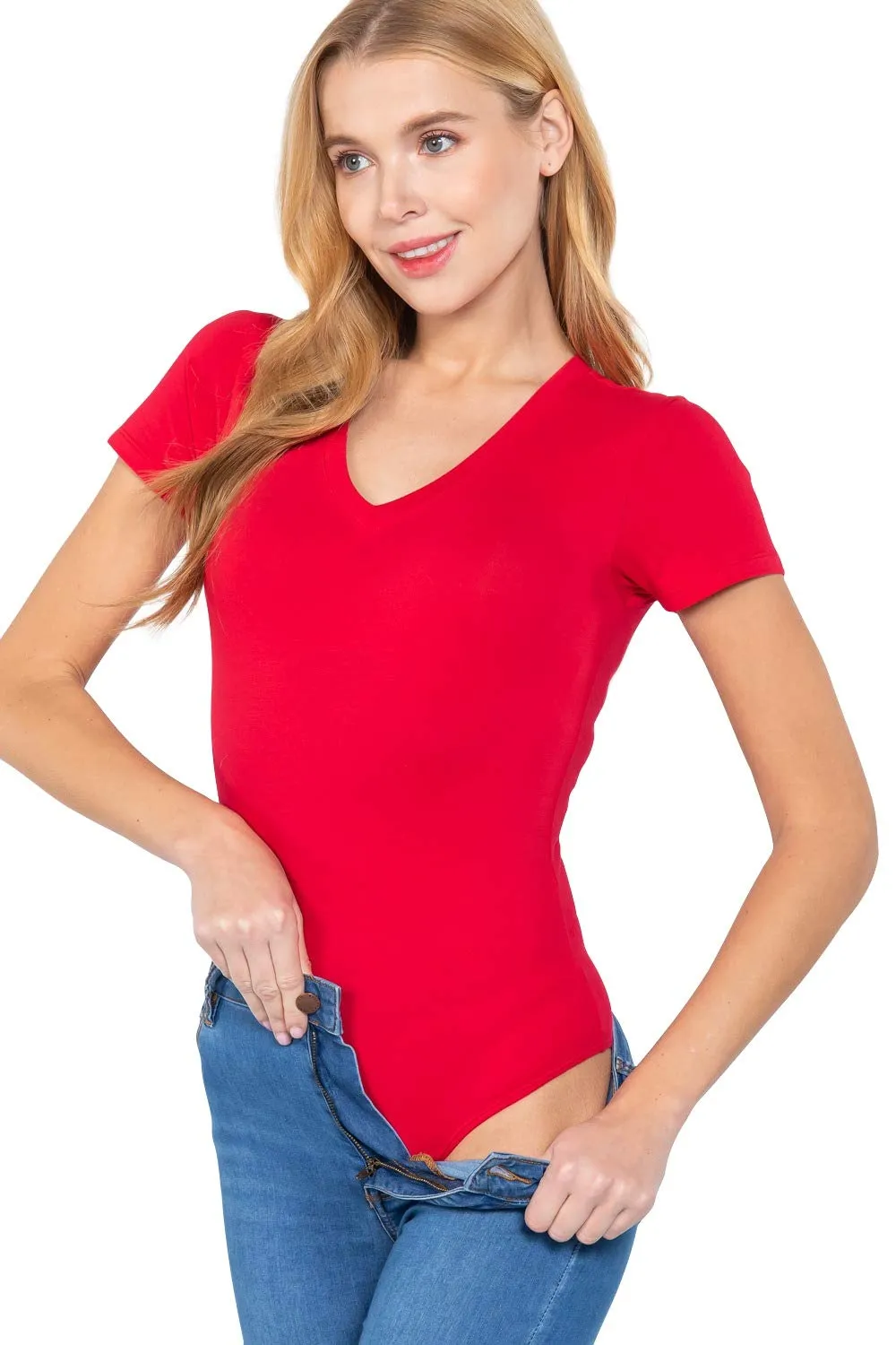 Women's Snap Crotch Short Sleeve V-Neck Cotton Jersey Bodysuit