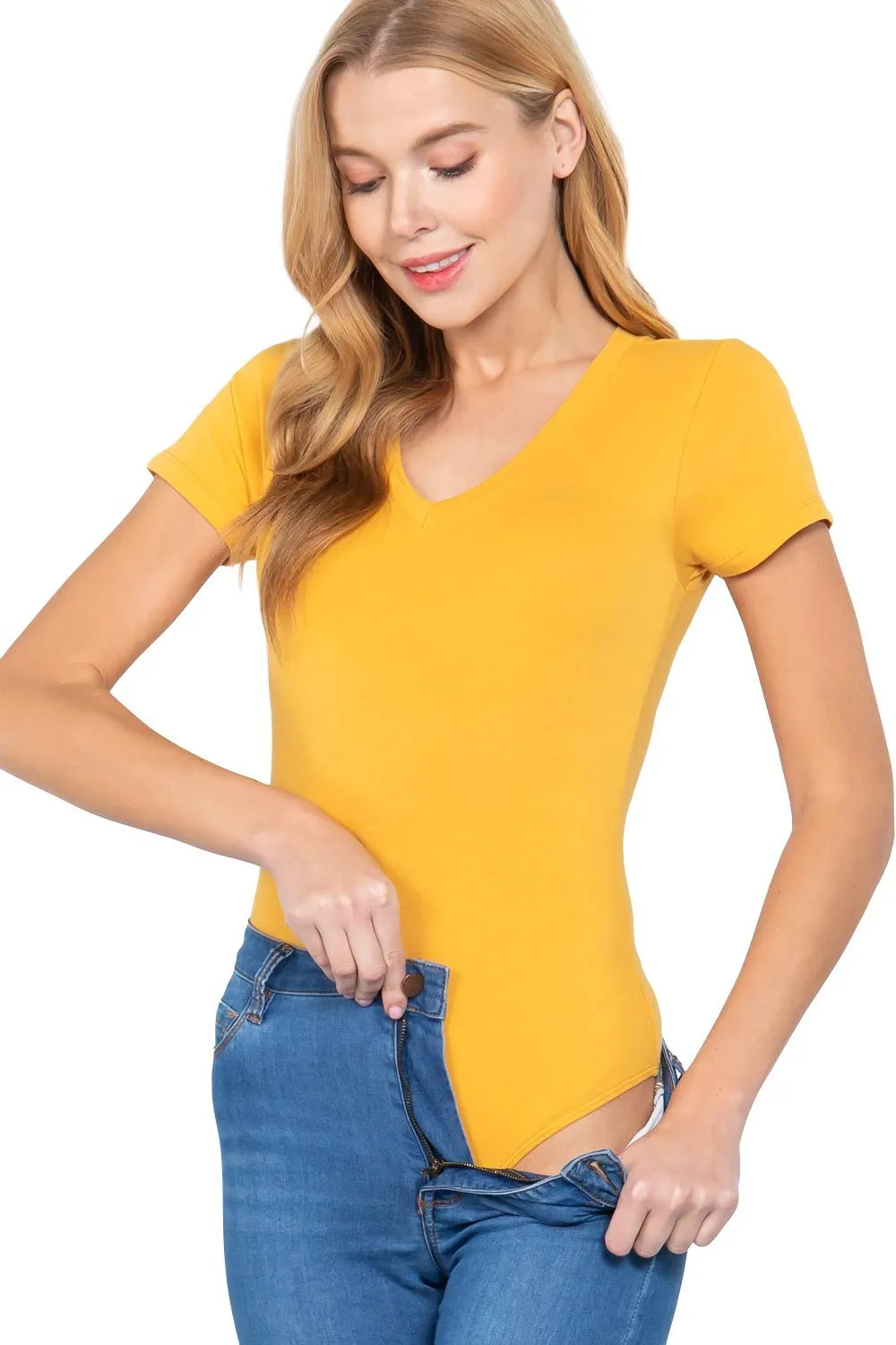 Women's Snap Crotch Short Sleeve V-Neck Cotton Jersey Bodysuit
