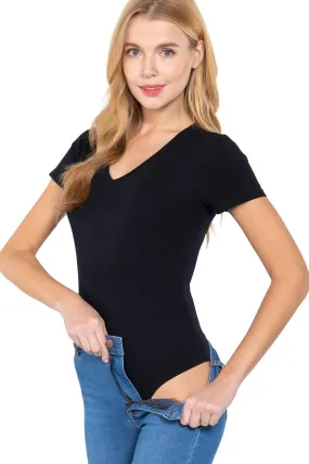 Women's Snap Crotch Short Sleeve V-Neck Cotton Jersey Bodysuit