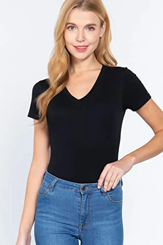 Women's Snap Crotch Short Sleeve V-Neck Cotton Jersey Bodysuit
