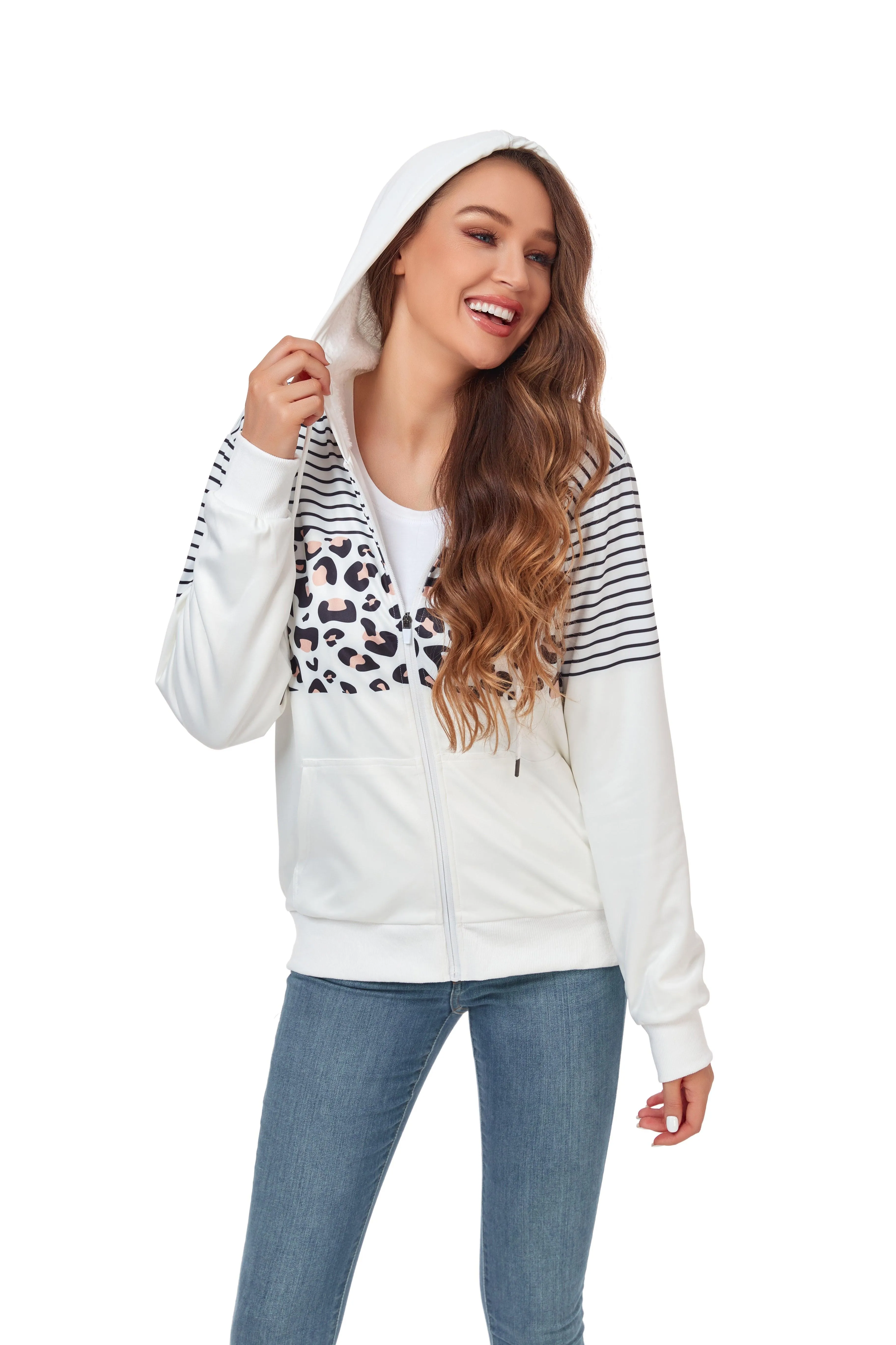 Women's White Full Zipper Printed Hoodie-ZPK006211