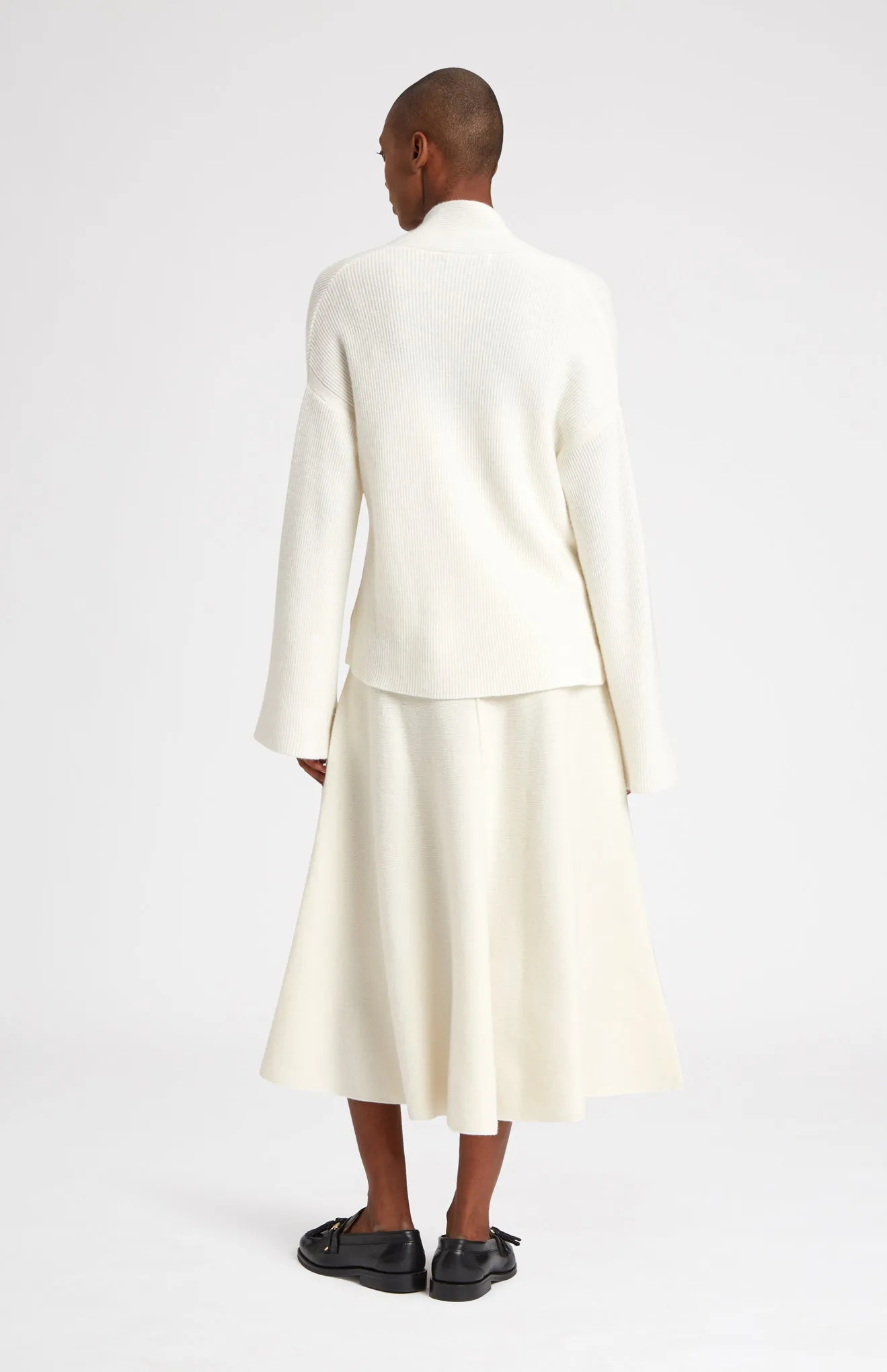 Wool Cashmere Blend Shawl Neck Jumper With Fine Rib In Cream